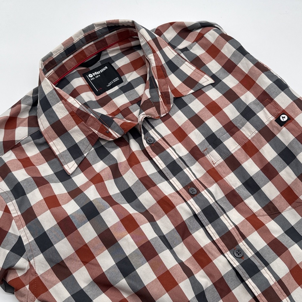 Marmot Short Sleeve Button Up Shirt‎ Mens Large Gingham Check Camp Hike Light